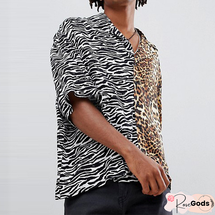 Short Sleeve Animal Leopard Printed Shirt Men Lapel Neck Streetwear