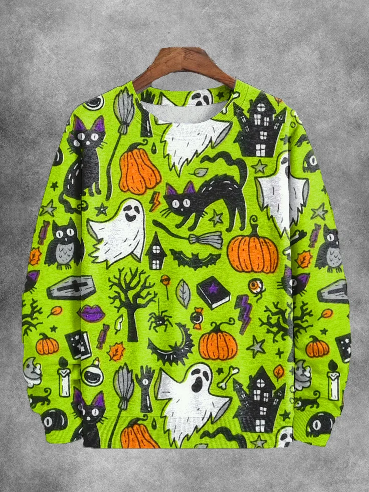 Men's Halloween Pumpkin Black Cat Ghost Graphic Print Casual Sweatshirt