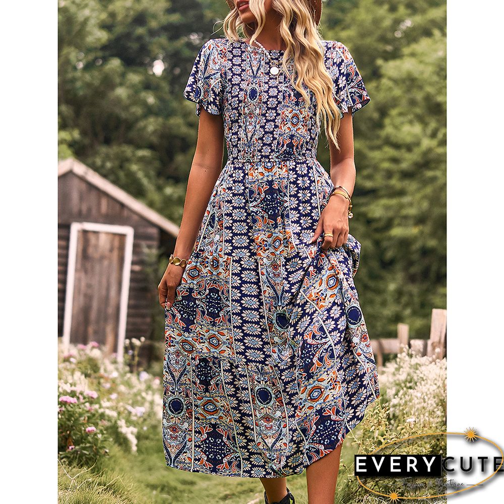 Navy Blue Bohemia Print Pleated Woven Casual Dress