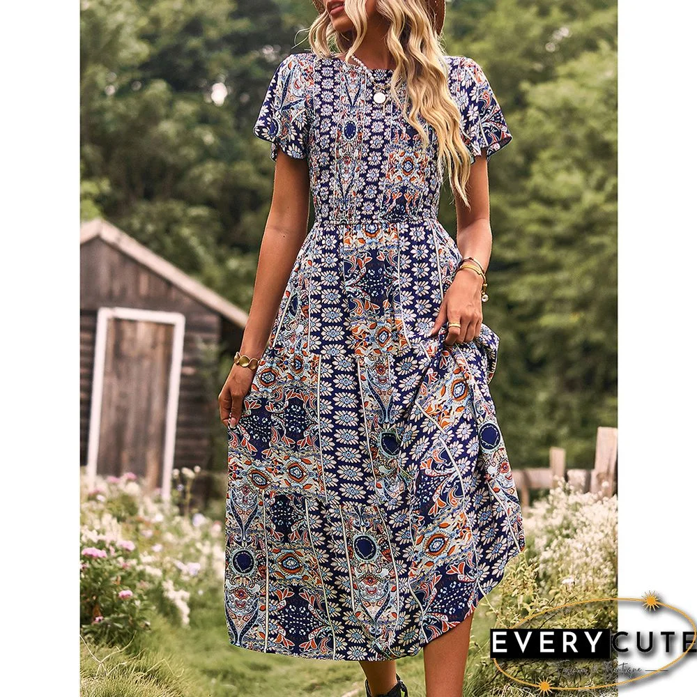 Navy Blue Bohemia Print Pleated Woven Casual Dress