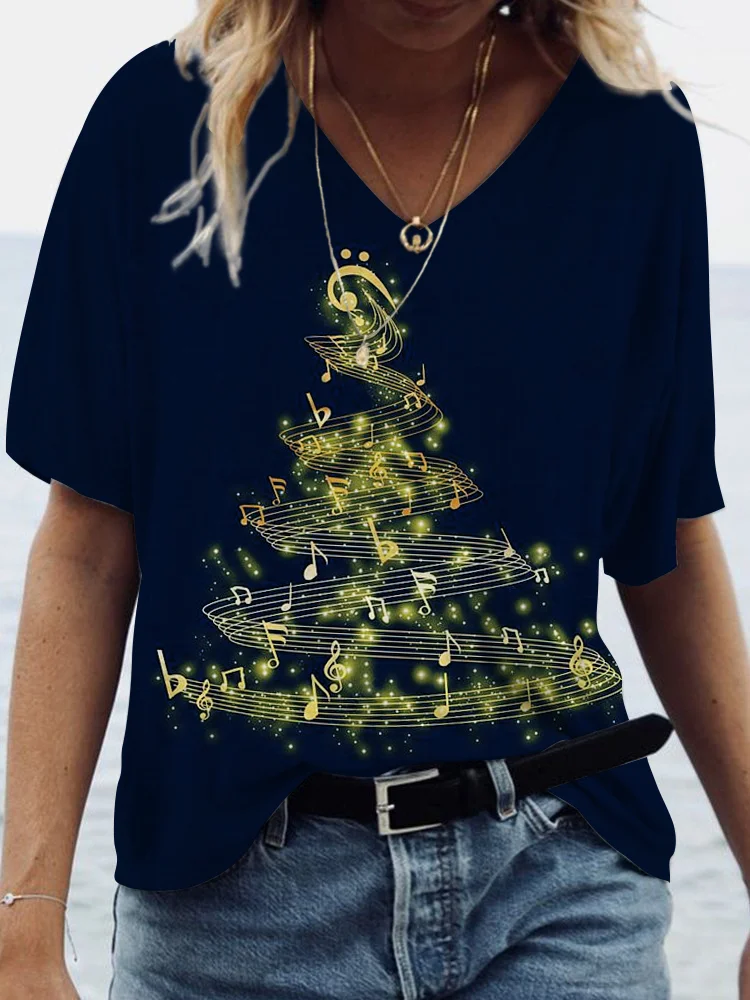 Glowing Gold Music Note Christmas Tree V Neck T Shirt