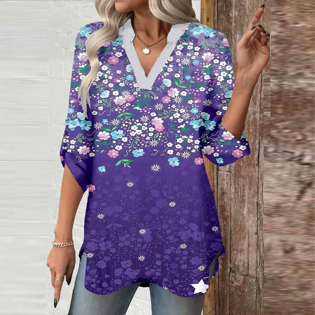 Women Purple, Color DZGA0457 3/4 Sleeve V-neck Printed Graphic Button Tops