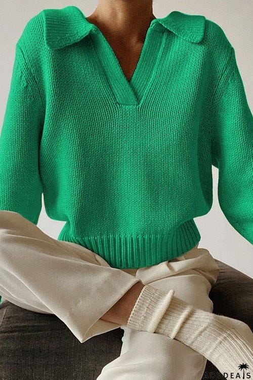 V Turndown Collar Sweater