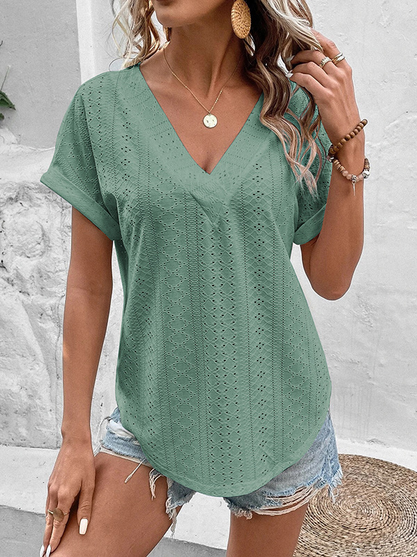 Split-Joint Solid Color Hollow Short Sleeves Loose V-Neck T-Shirts LAKE GREEN-2XL
