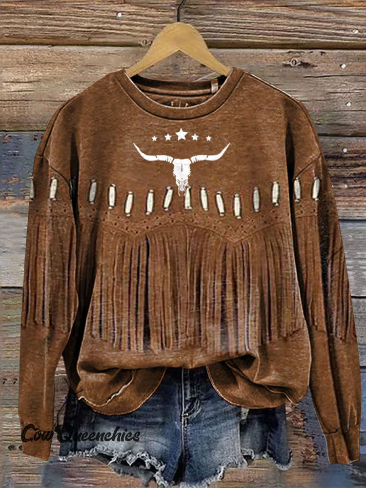 Vintage Tassel Print Casual Cotton Sweatshirt Multicolor / S