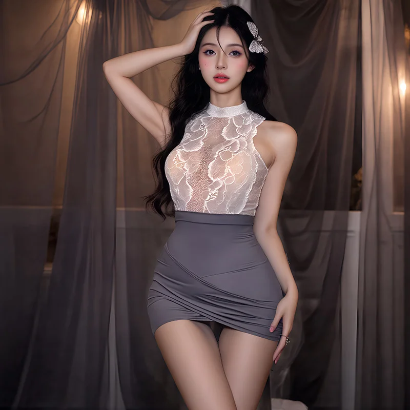 Uveng Tiffin's New Large-Size Flight Attendant Secretary Bag Hip Skirt Passion To Seduce Sexy Hollow Uniform Free Of Small Breast Open File