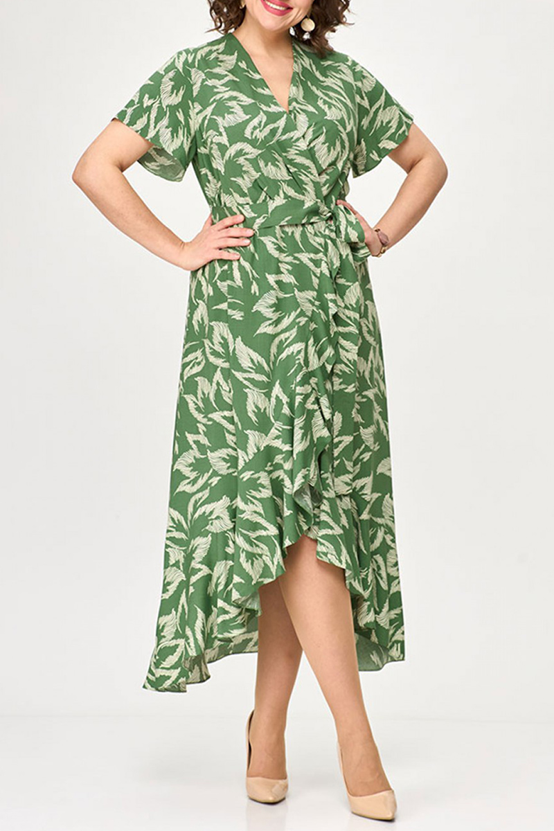 Flycurvy Plus Size Mother Of The Bride Green Chiffon Plant Print Lace-Up Crossover Hem Tunic Tea-Length Dress 2024 - Flycurvy 