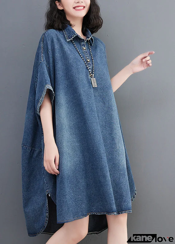 Loose Blue Button Side Open Maxi Denim Dress Summer