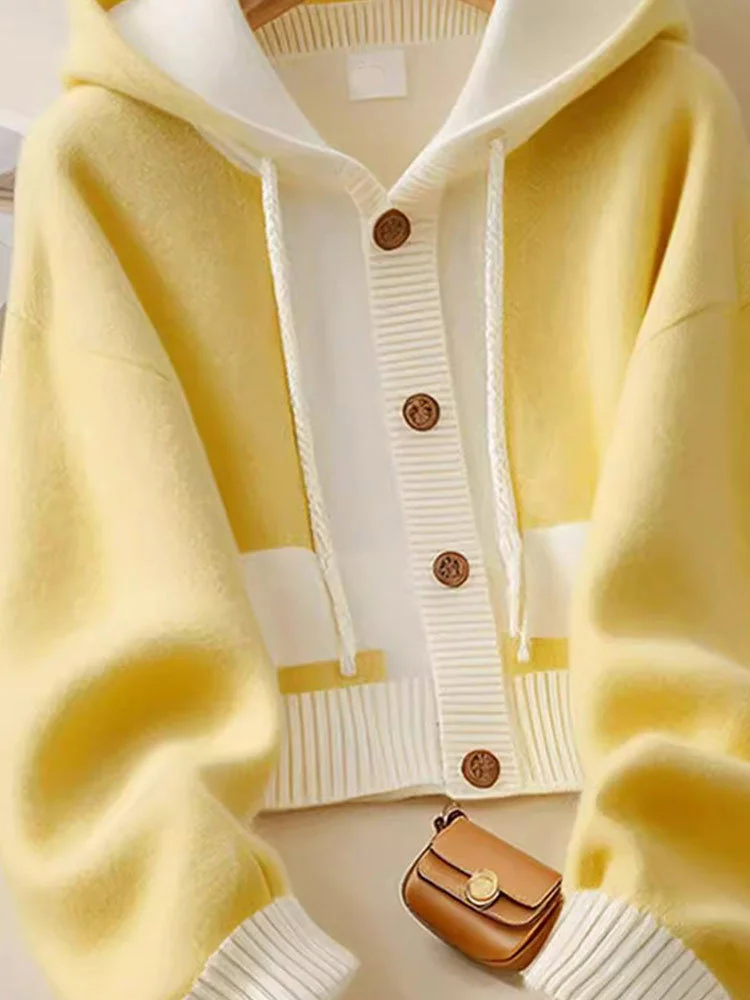 Athvotar Athvotar Style Yellow Splicing Hood Design Sweater Coat Knitted Cardigan Showing Lean Long Sleeves Loose Casual Top
