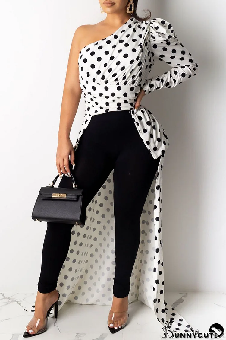 White Sexy Print Leopard Split Joint Fold Asymmetrical Oblique Collar Dresses