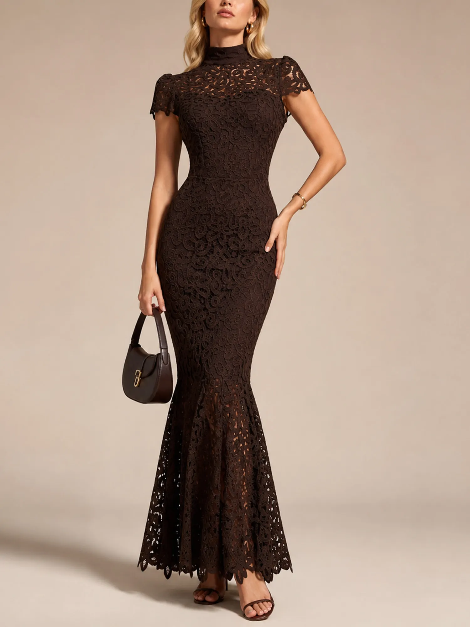 Perfect for Sunset Dinner Dates &mdash; Women's Chocolate Brown High-Neck Cutout Short Sleeve Stretch Lace Mermaid Maxi Dress