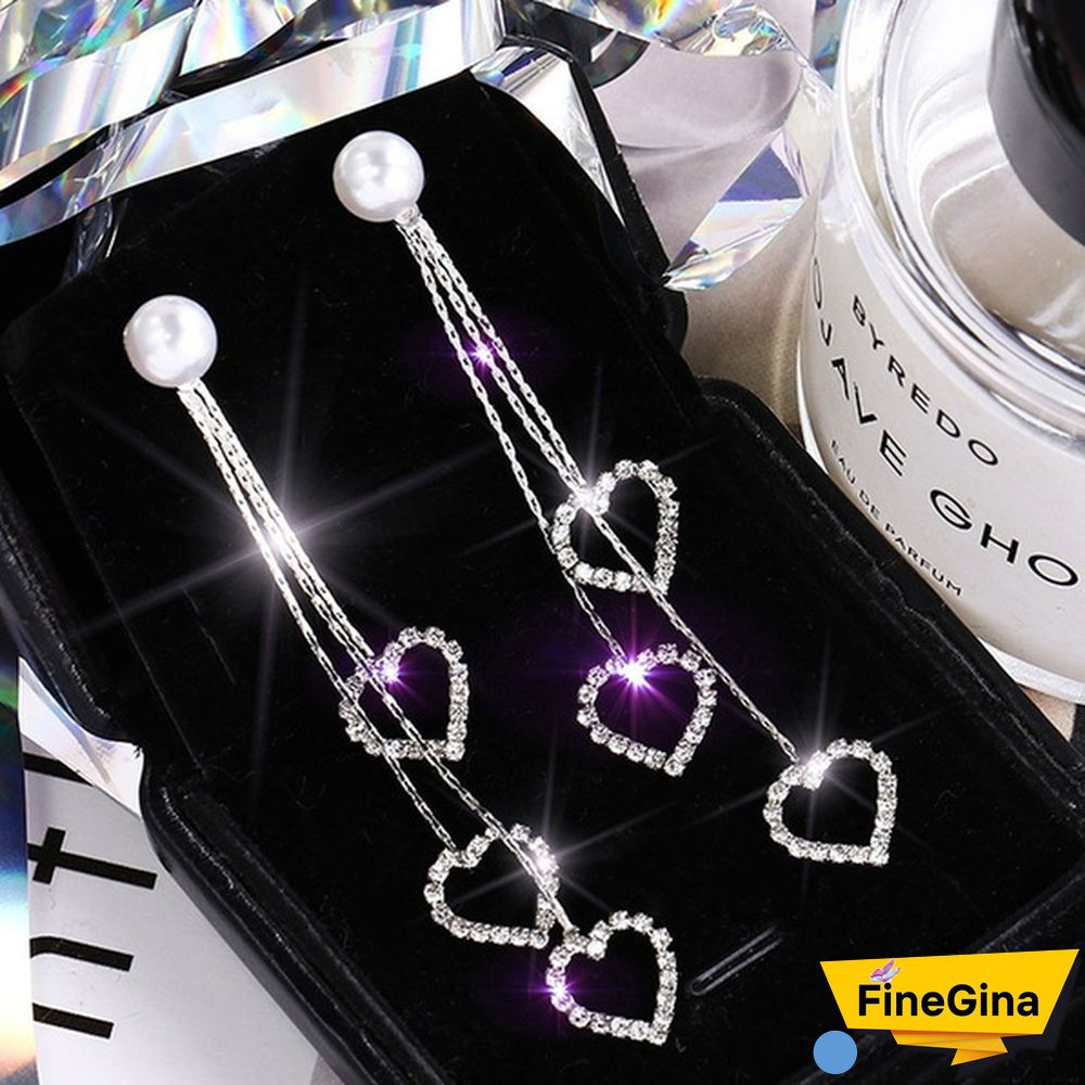 Heart Zircon Tassel Earrings, Tassel Sterling Silver Earrings, Dangle Heart Earrings, Romantic Jewelry for Woman, Woman Gift