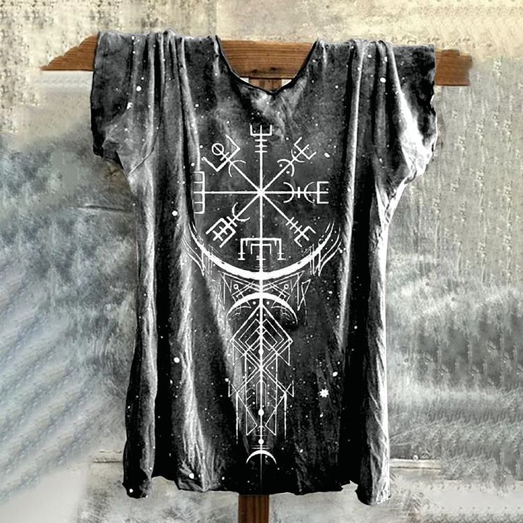 Wearshes Retro Tie-Dye Viking Totem Print T-Shirt