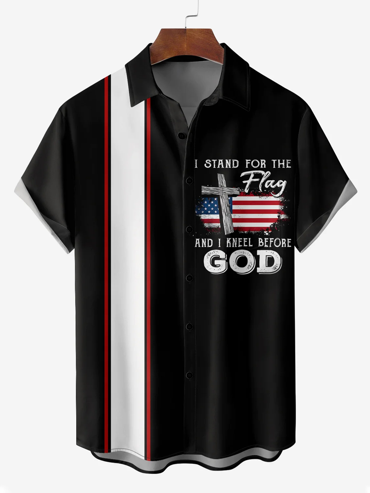Men's American Flag Cross Short Sleeve Bowling Shirt PLUSCLOTHESMAN
