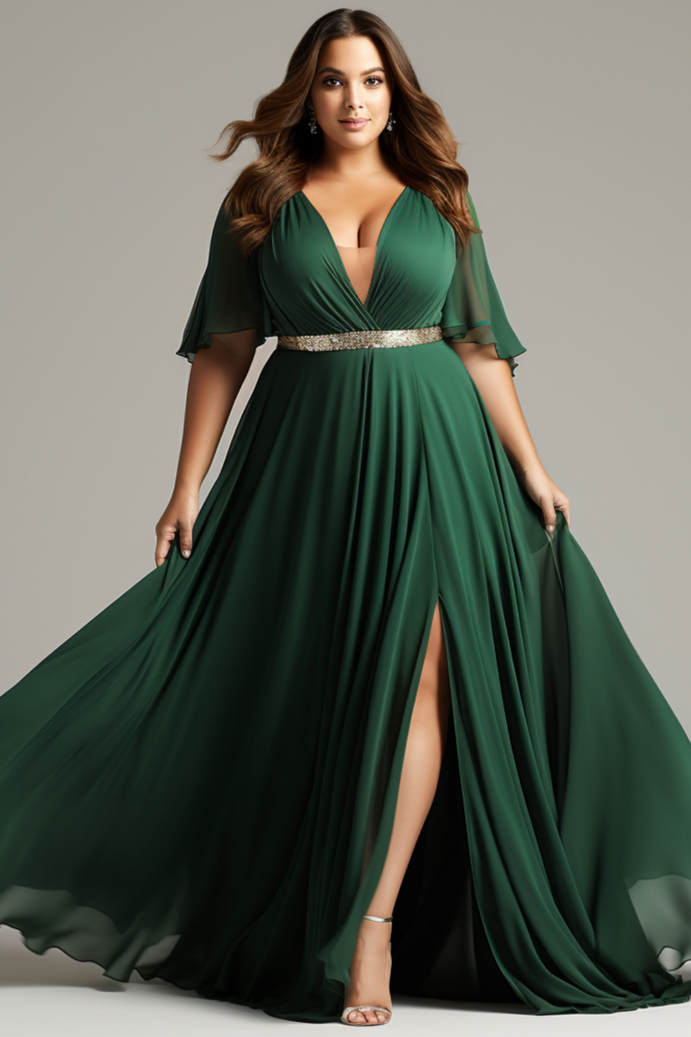 Flycurvy Plus Size Wedding Guest Dark Green Chiffon Deep V Neck Spilt Flutter Sleeve Maxi Dress