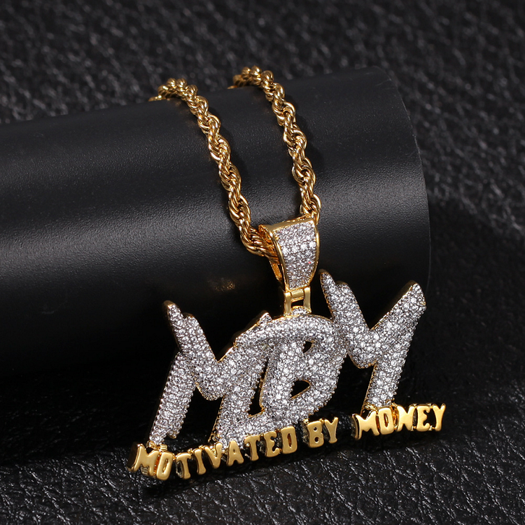 MOTIVATED BY MONEY Iced Out Micro Pave Letter Pendant Necklace