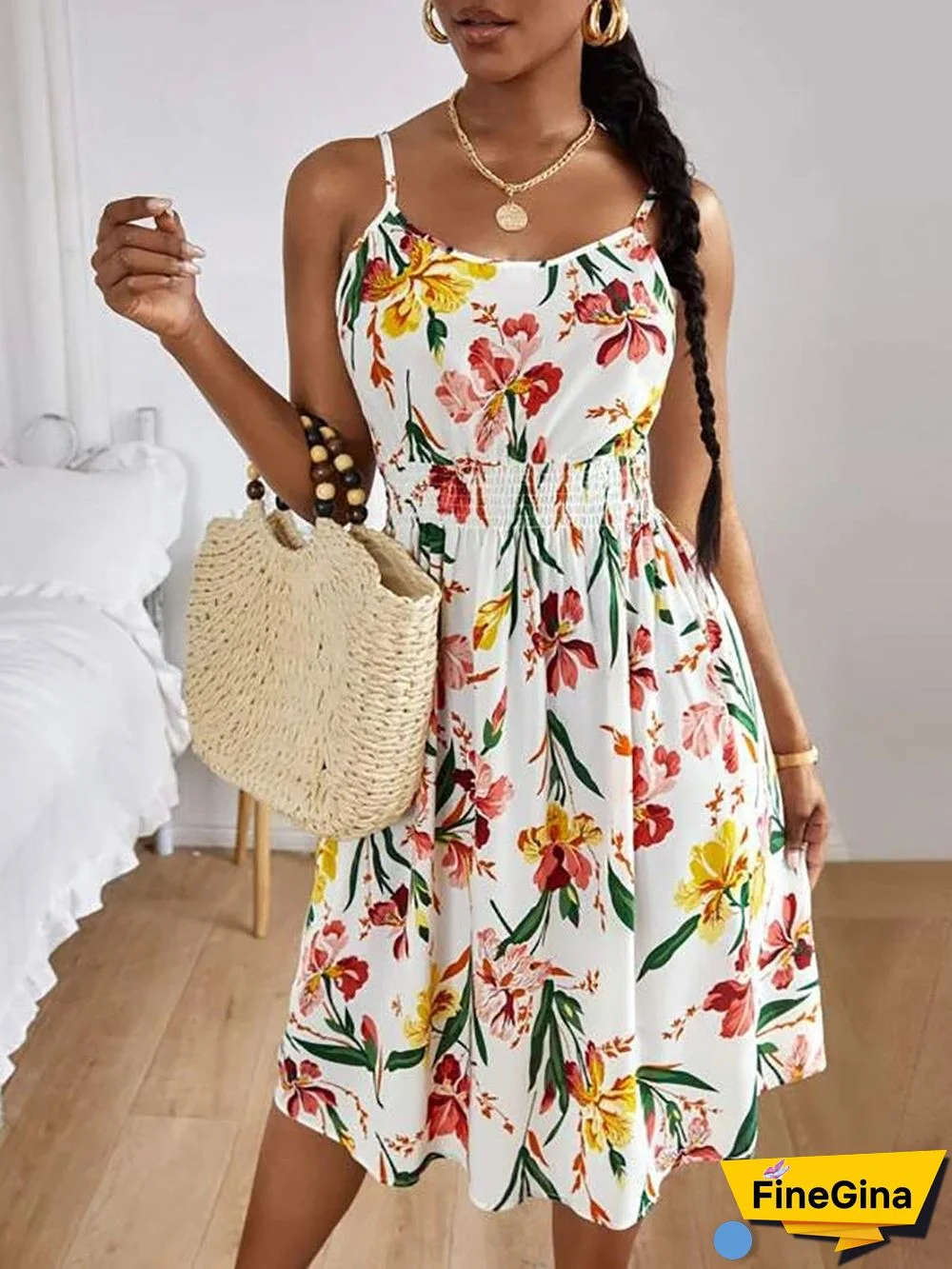 Women'S Dresses Printed Sling Elastic Waist Sleeveless Dress