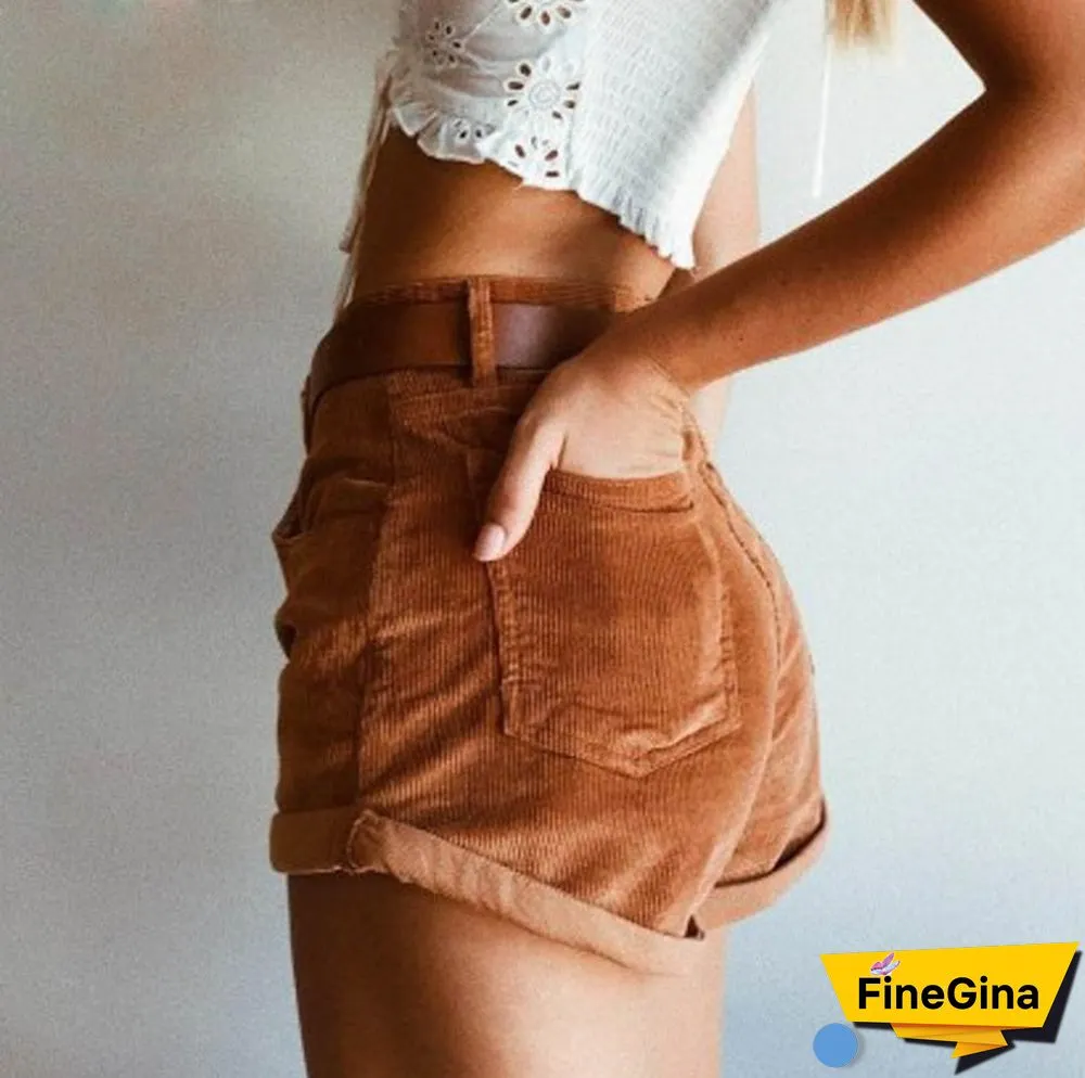 Women's Corduroy High Waist Curled Solid Color Loose Shorts