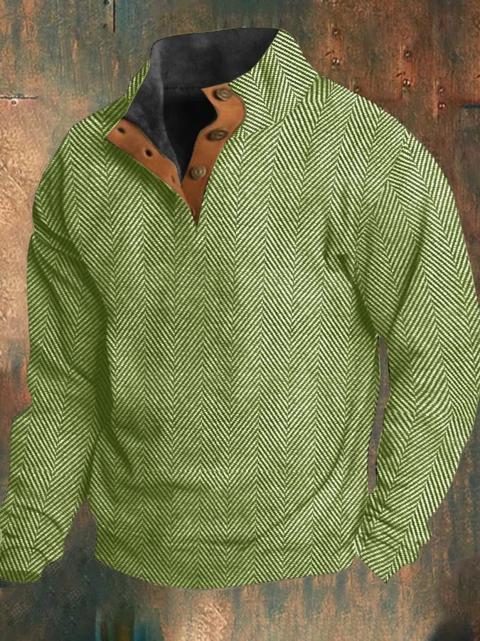 Men's Western Vintage Herringbone Print Design Stand Collar Button-Down Sweatshirt