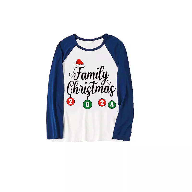"Family Christmas" 2024 Letter Print Blue & Black Plaid Family Matching White Pajamas With Dog