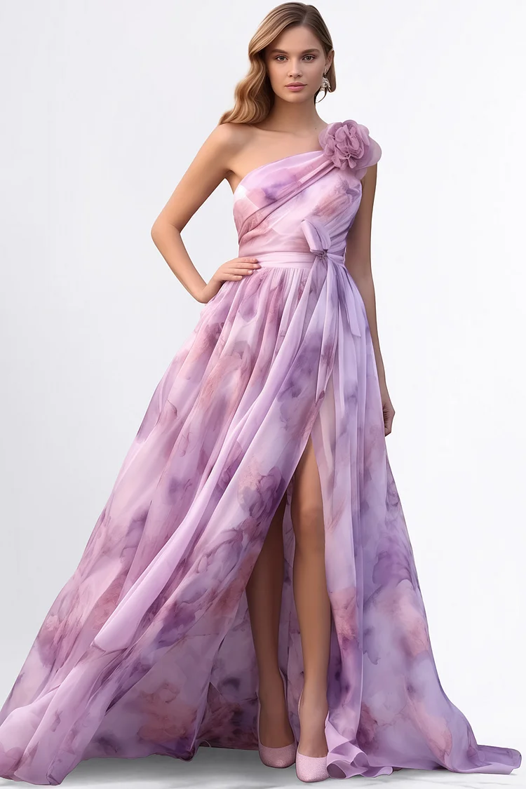 Zaruci Wedding Guest Purple Chiffon Floral Print One Shoulder Slit Maxi Dress [Pre-Order]