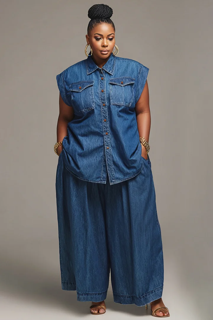 Xpluswear Design Plus Size Business Casual Blue Shirt Collar Pocket Denim Two Piece Pant Sets 2024 - Xpluswear