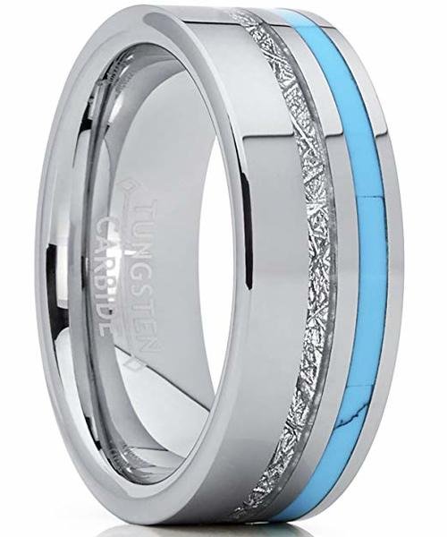 Women's Or Men's Wedding Tungsten Carbide Wedding Band Matching Rings,Silver Tungsten Carbide Bands with Blue Turquoise and Inspired Meteorite Inlay,Pipe Cut Tungsten Carbide Ring With Mens And Womens For Width 6MM 8MM