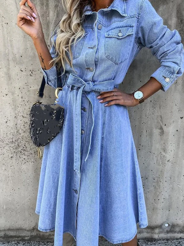 Women's Long Sleeve V-neck Lace-up Cowboy Midi Dress
