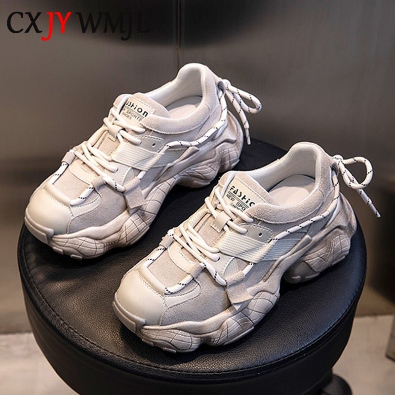 CXJYWMJL Genuine Leather Women Chunky Sneakers Thick Bottom Platform Vulcanize Shoes Breathable Casual Running Shoes For Women's