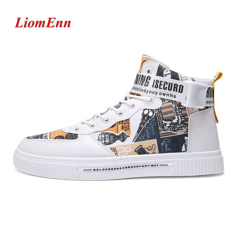 Graffiti High Top Sneakers Women Shoes 2021 Spring White Yellow Sneaker Sport Shoes Man Tennis Vulcanized Shoes Woman Large Size