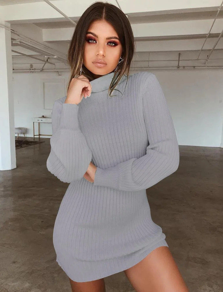 Autumn Winter Fashion Sexy Women's Package Hip Mini Dress 2021 Casual Turtleneck Solid Long Sleeve Knitted Plus Size Lady Dress