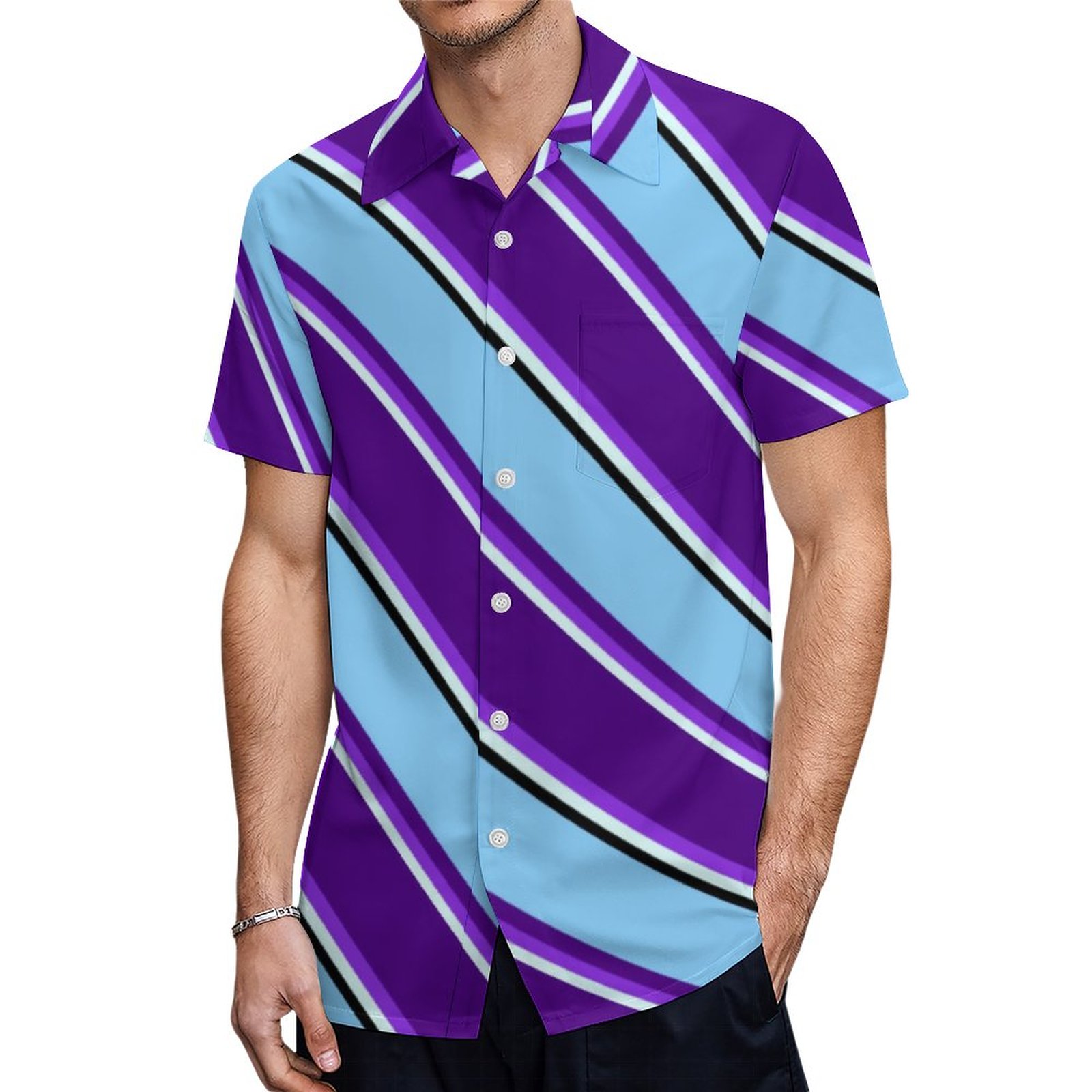 Light Cyan Purple Indigo Light Sky Blue Black Hawaiian Shirt Mens Button Down Tropical Hawaii Beach Shirts
