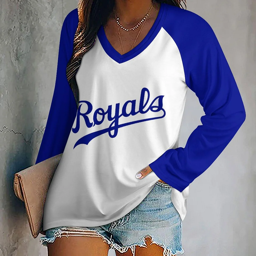 V-neck Long Sleeve Casual T-shirt for  Women and Men Printed with Pattern,Blue,Light Blue,Gold,White