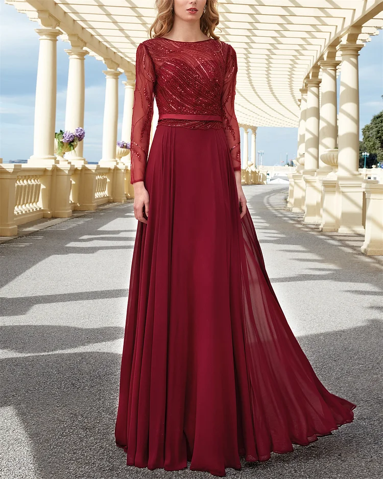 Women's Red Round Neck Sequined Dress