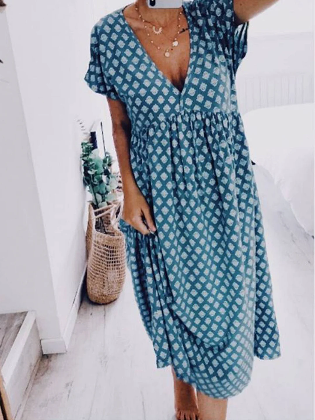 V Neck Geometric Short Sleeve Summer Dress