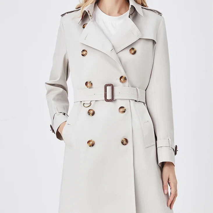 Mid-length trench coat women's classic double breasted waisted jacket VOCOSI VOCOSI