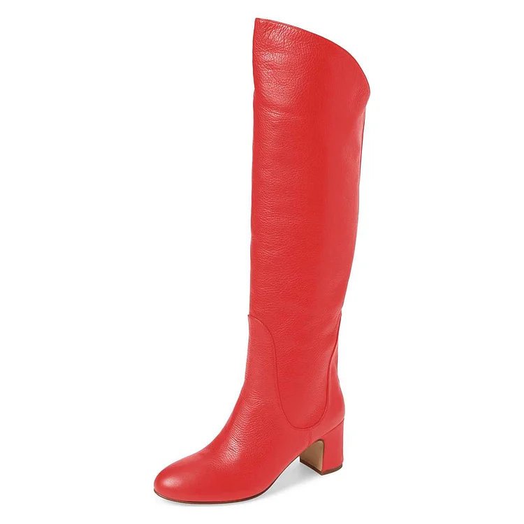 Red Tall Boots Round Toe Block Heel Knee Boots |FSJ Shoes