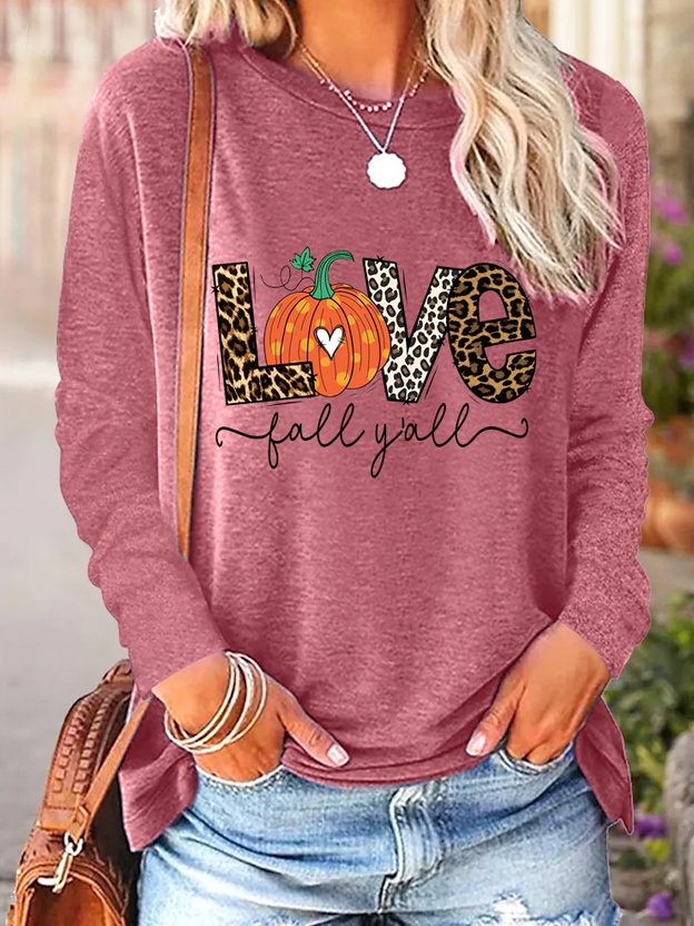 Women Love Pumpkin Print Halloween Cotton-Blend Tops