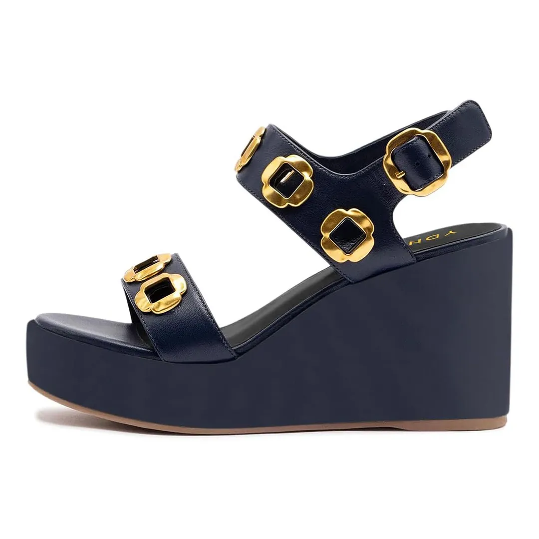 Navy Round Toe Wegge Heel Buckle Strap Women Sandals with Metal Decor