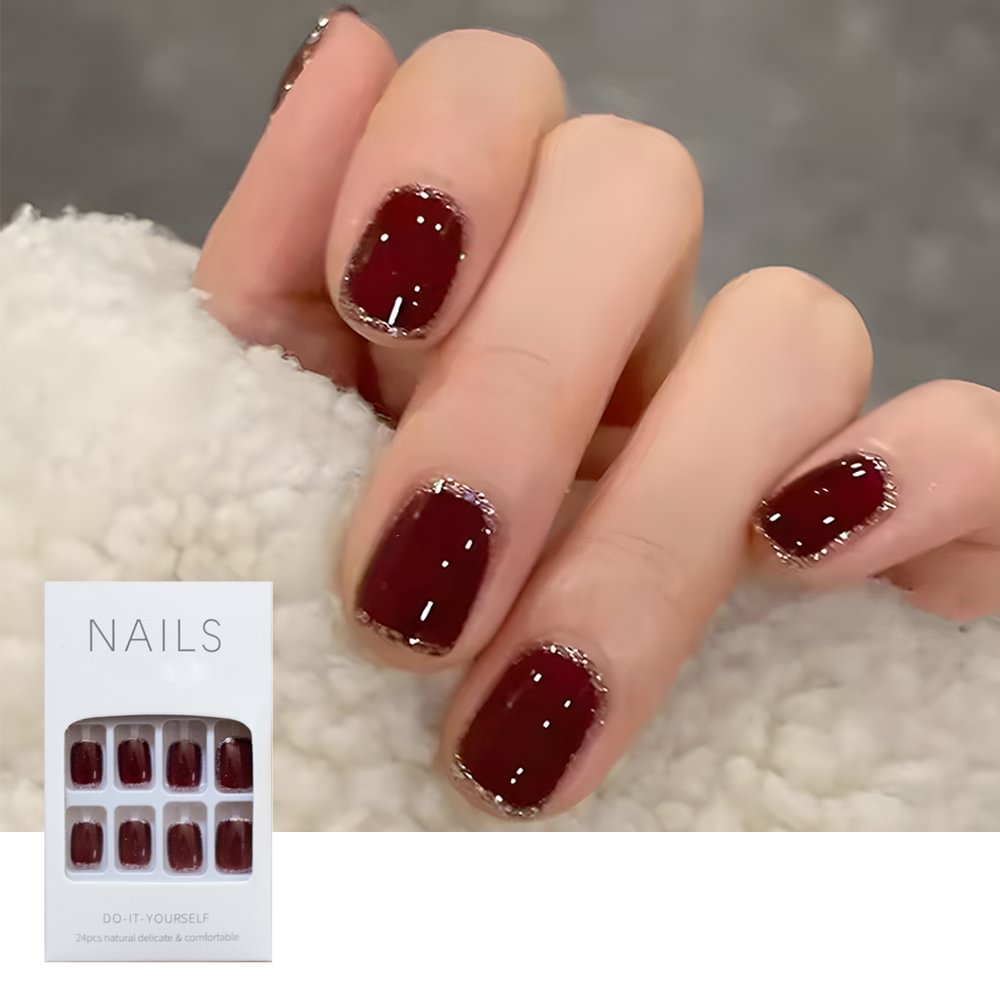 Shecustoms™ 24 Pcs Red Graceful Nails with Golden Lines Press On Nails Squoval Long Fake Nail