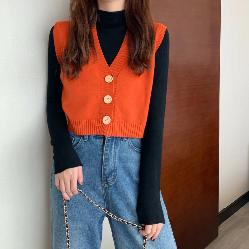 Sweater Vest Women Solid Crop Tops Fall Daily Streetwear Office Lady Elegant Korean Fashion Ins Chic Knitted Sweaters Vintage