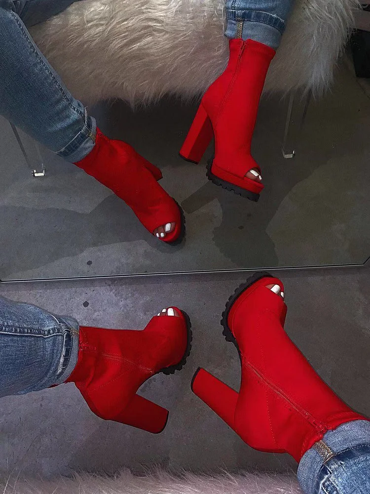 Red Open Toe Platform Boots F341