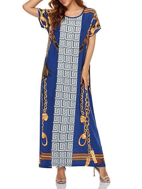 Women's Scoop Neck Short Sleeve Printed Midi Dress