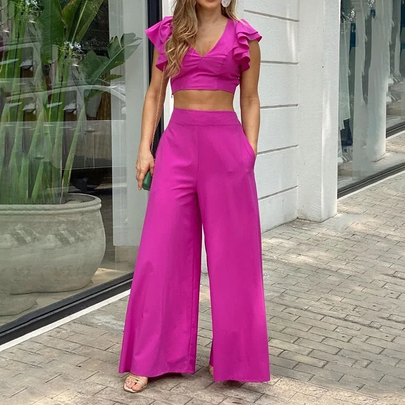 Graduation Gifts  Women's Two Piece Set Butterfly Sleeve Solid Color Two-Piece Set  V-Neck Top Wide Leg Pant
