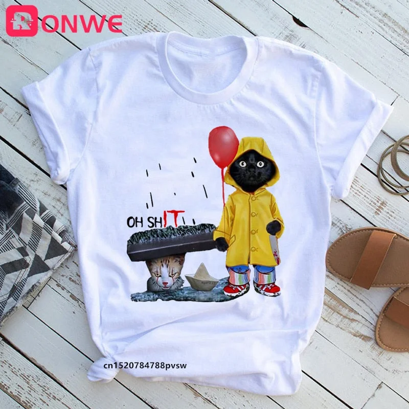 Women Funny Black Cat Print Tshirt Girl Harajuku Casual White Top Tees Female 90s Clothes,Drop Shipping