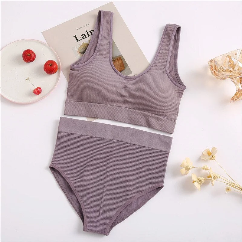 FINETOO Seamless Tops Set High Waist Panties Women Wireless Underwear Suit Soft Padded Bras Set S-XL Backless Bralette Lingerie
