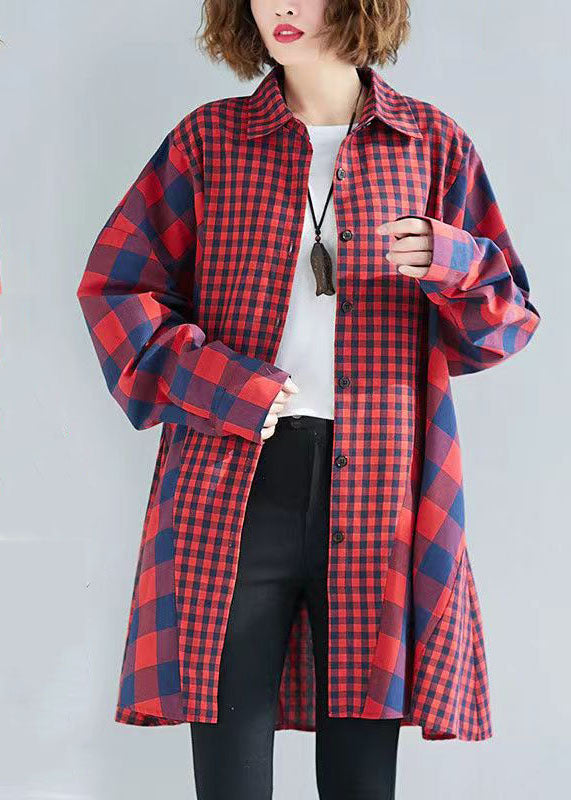 VCSHOES red plaid clothes lapel patchwork baggy tops