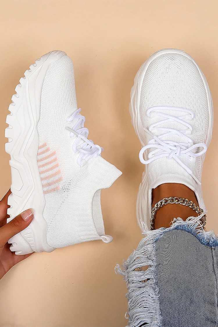 Round Toe Color Block Striped Lace Up Breathable Sneakers