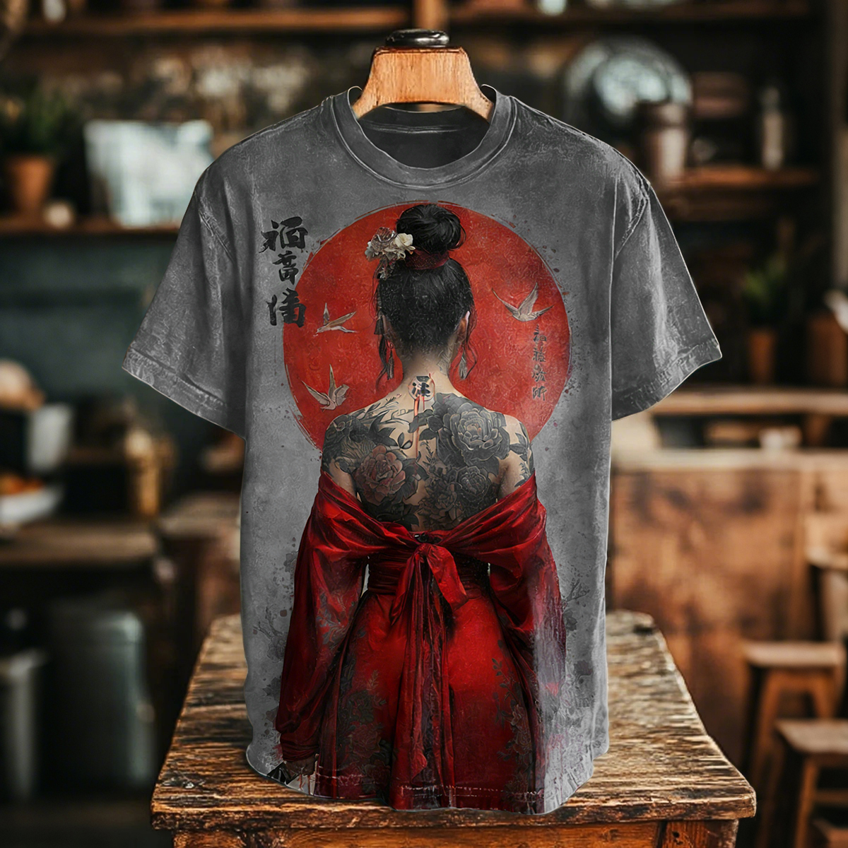 Comstylish Vintage Elegant Japanese Cool Warrior Girl Art Print T-shirt
