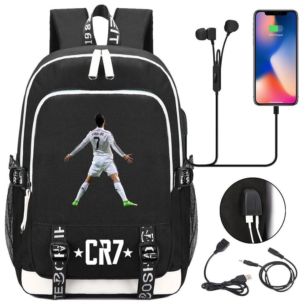 Buzzdaisy Cristiano Ronaldo Printed Backpack with USB Charging Port and Laptop Protection - Multi-Pocket Large Capacity Schoolbag